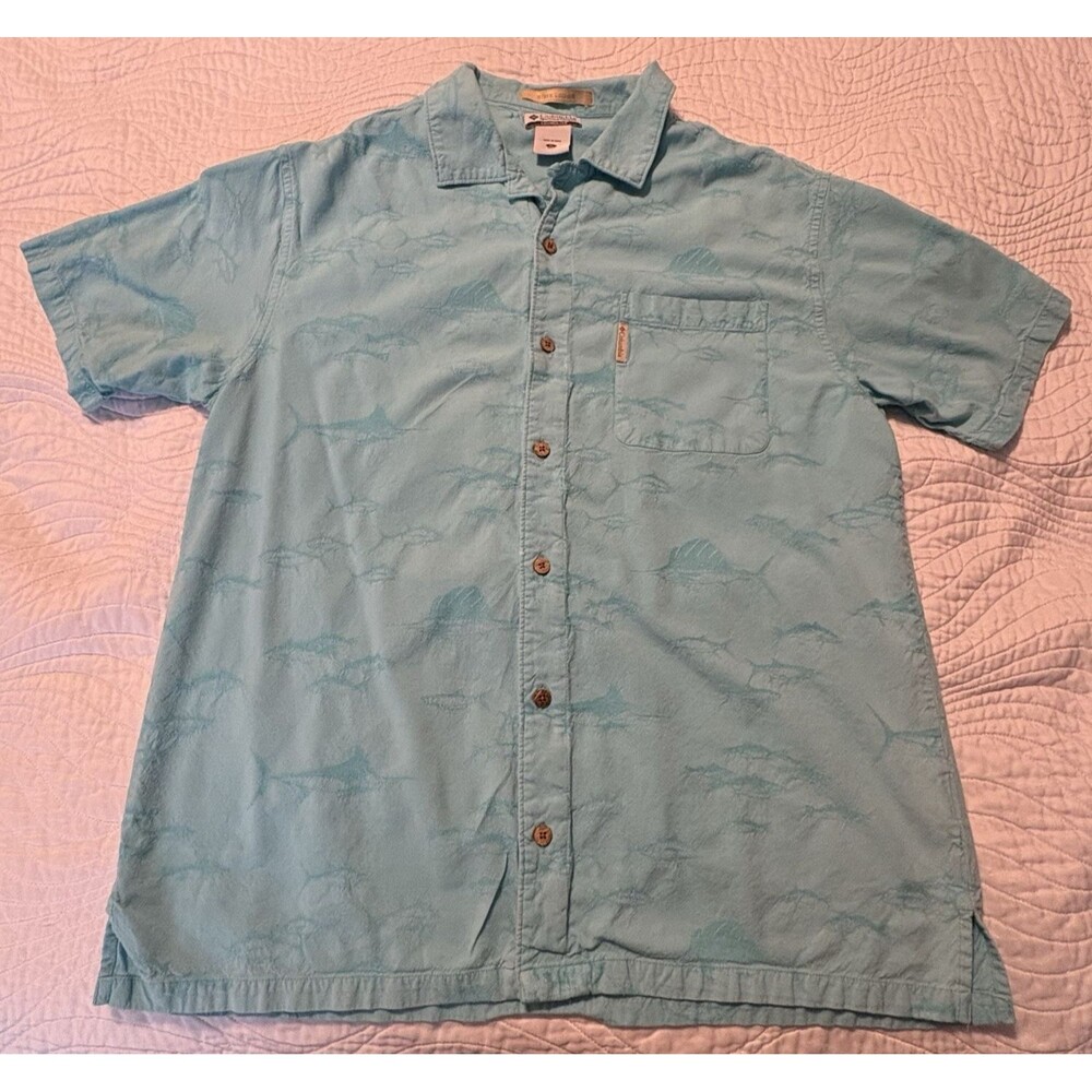 Columbia Button Down Shirt Mens XL Blue Fish Jacquard River Lodge Short Sleeve‎